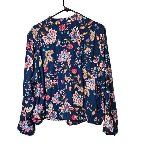 DG2 Womens Bright Floral Long Sleeve Blouse XL Polyester Blue & Pink Full Zip - Picture 2 of 9